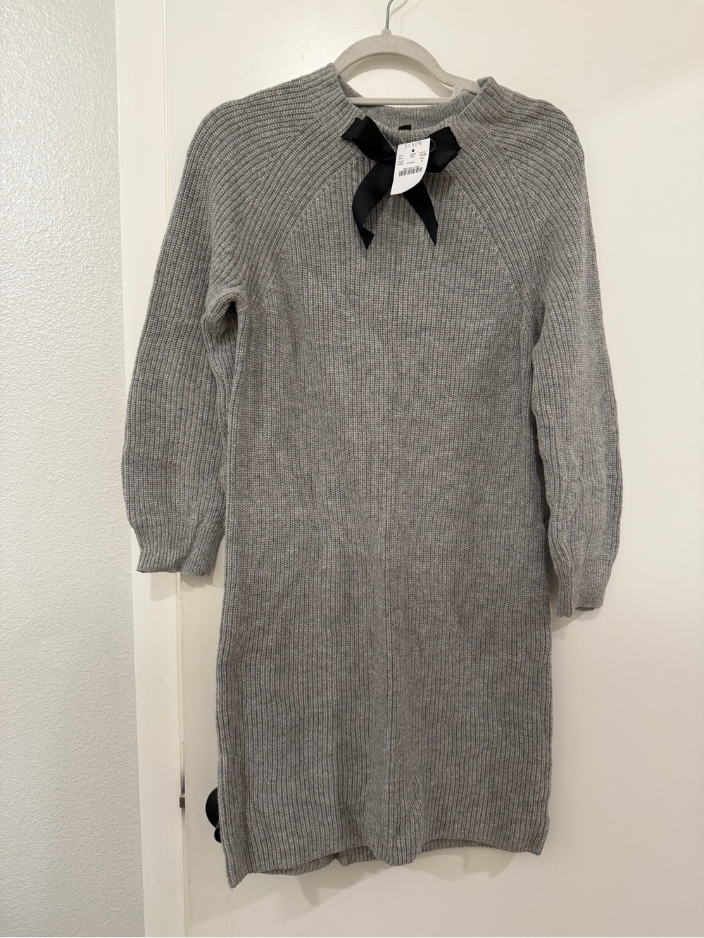 NWT J. Crew Gray Ribbed Knit Sweater Dress with Black Bow